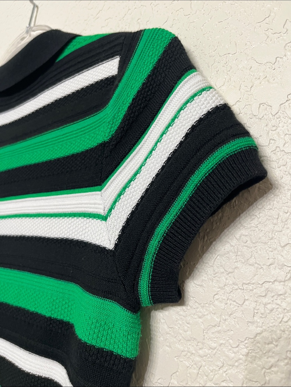 Love By Design Women’s Size Medium Knitted Green, Black & White Striped Polo Top - Picture 8 of 9